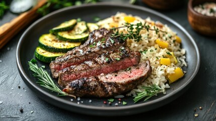 Grilled Steak with Rice, Zucchini and Peppers