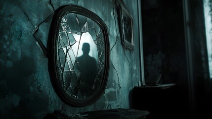 Broken Mirror Reflecting Shadowy Figure