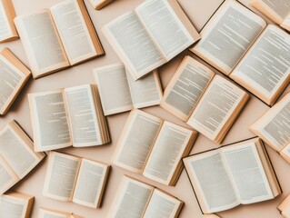 Obraz premium A captivating flat lay of open books showcasing pages filled with text, ideal for educational and literary themes.