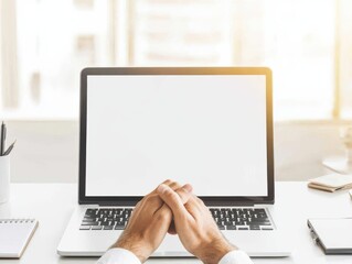 A calm workspace featuring a laptop with a blank screen, inviting creativity and focus in a modern office environment.