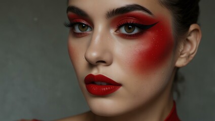 Woman with bold red and black makeup and dramatic eyeshadow