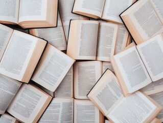 Fototapeta premium A collection of open books arranged in a dynamic layout, showcasing pages and text for educational and literary themes.