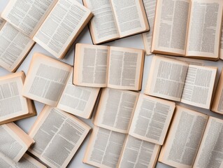 Obraz premium A collection of open books scattered on a surface, showcasing pages filled with text in a relaxing study environment.