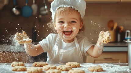 happy funny kid bake cookies in kitchen