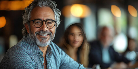 Smiling man in a cafe with friends in the background.