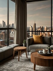Wooden chair with coffee table, city view, and modern decor.