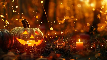A pumpkin with a scary face and candles in mystical forest, surrounded by leaves. Halloween, Thanksgiving, fall season design concept banner. Golden blurred bokeh background.