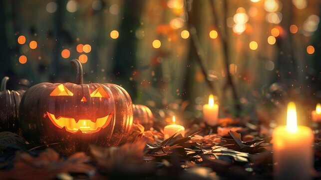 A pumpkin with a scary face and candles in mystical forest, surrounded by leaves. Halloween, Thanksgiving, fall season design concept banner. Golden blurred bokeh background. - Powered by Adobe
