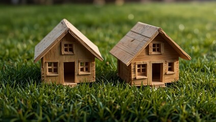 Wooden house model on green grass, symbolizing nature and sustainable living.