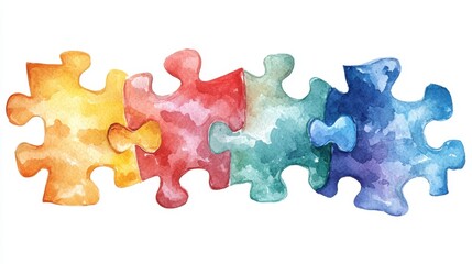 Obraz premium Watercolor of colorful jigsaw puzzles isolated on white background,Watercolor hand drawn illustrations,kid teamwork,cartoon style,Concept of autism awareness day, board children games.