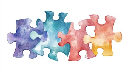 Obraz premium Watercolor of colorful jigsaw puzzles isolated on white background,Watercolor hand drawn illustrations,kid teamwork,cartoon style,Concept of autism awareness day, board children games.