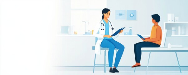Fototapeta premium A doctor consults with a patient in a modern medical office, discussing health care options and treatments.