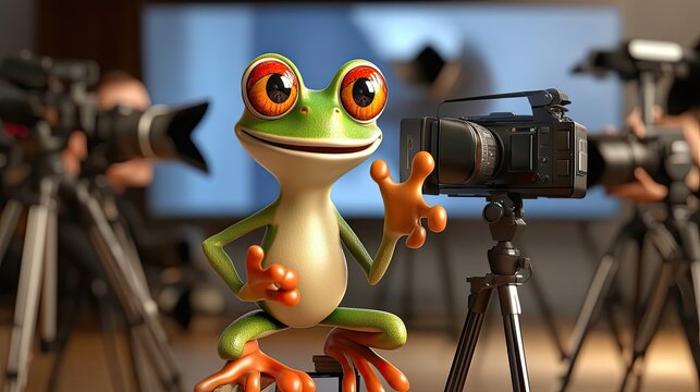 Cartoon Frog Posing For Photo Shoot With Multiple Cameras