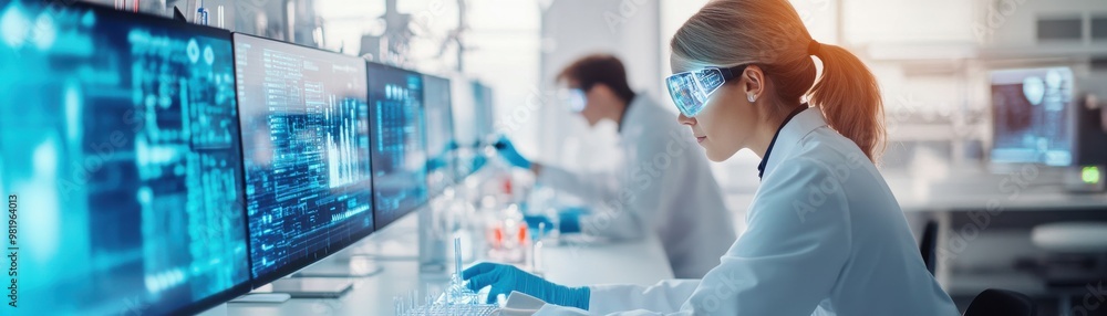 Poster a female scientist conducts research in a modern laboratory, using advanced technology and analyzing
