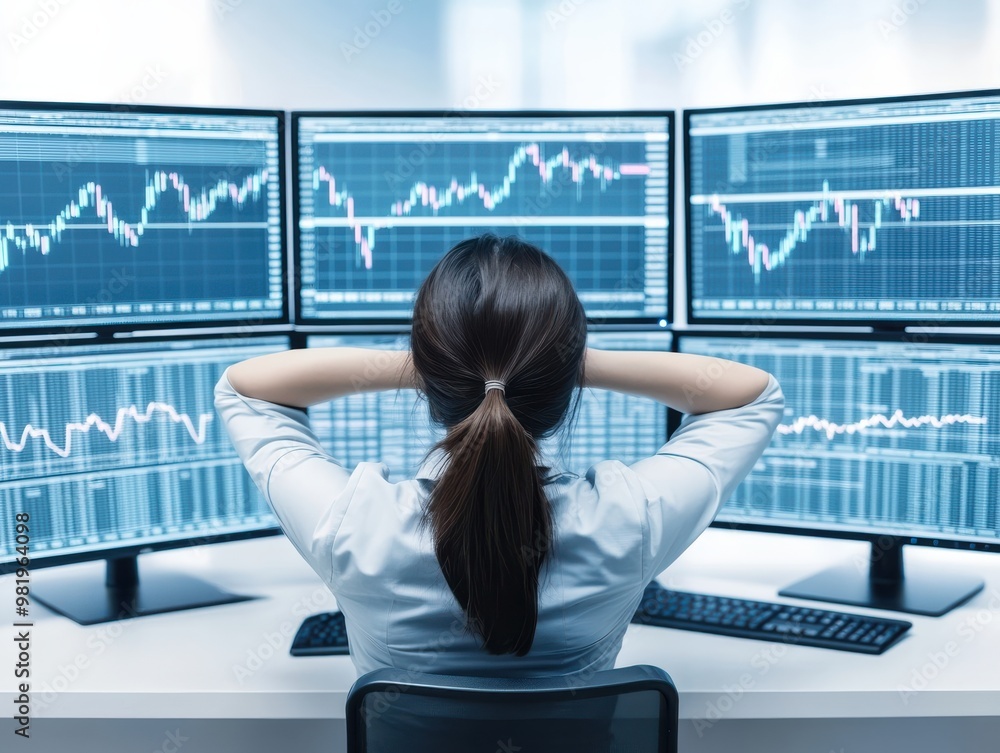 Poster a focused individual analyzing stock market data on multiple screens, representing financial strateg