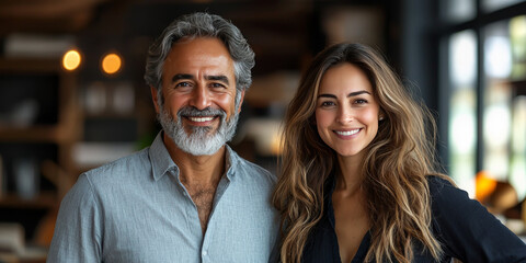Fototapeta premium A smiling middle-aged man and woman stand in front of a blurred background.