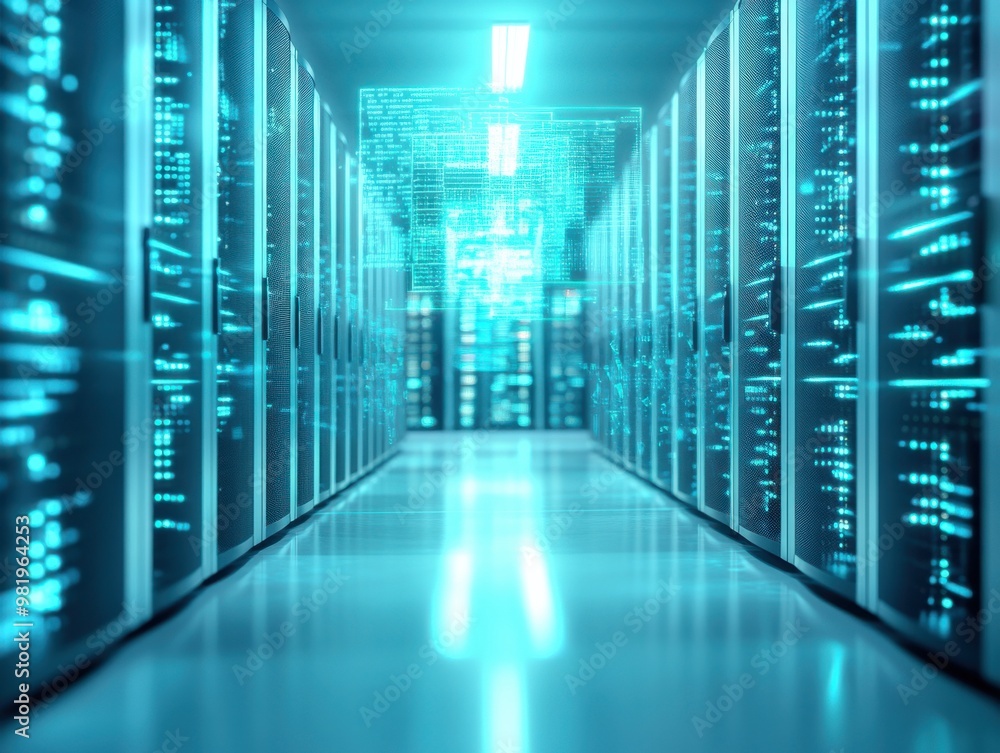 Poster a futuristic data center hallway filled with glowing server racks and digital displays, symbolizing 