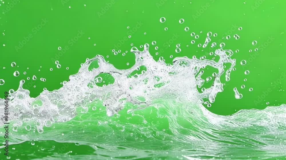 Poster water splashing against green screen, creating bubbles and droplets. fresh, clear liquid with abstra