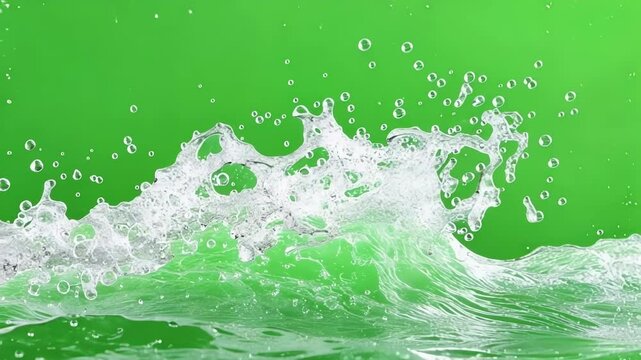 Water splashing against green screen, creating bubbles and droplets. Fresh, clear liquid with abstract texture. Studio shot with copy space. Cool, refreshing nature captured vertically