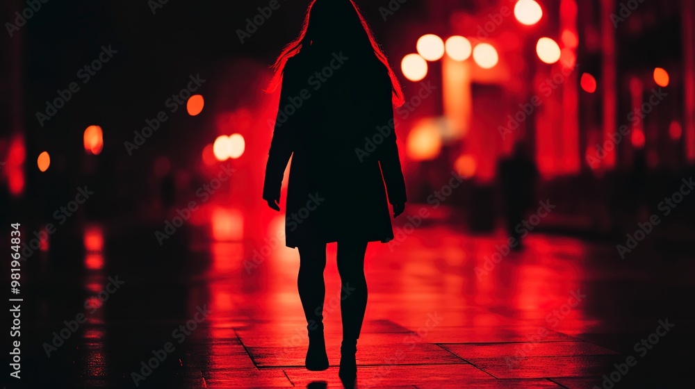 Wall mural Silhouette of a young woman walking home one night through the city streets, scared by a stalker and being attacked, insecurity concept