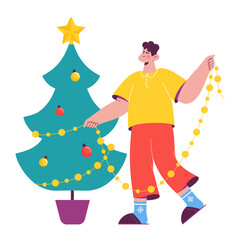 Man decorating Christmas tree