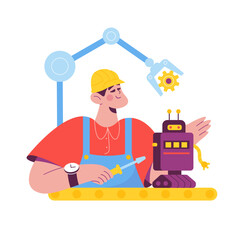 Worker building a robot