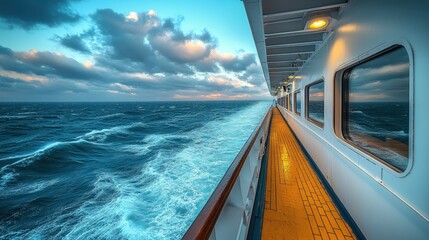 View from a Train Window on Board a Sea Passenger Ship – Seascape with Waves and Blue Sky

