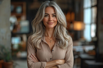 Fototapeta premium Smiling woman with long gray hair in a beige shirt.