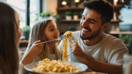 A happy family eating pasta together at the dining table, the dad is holding a fork with macaroni in his hand and smiling at his wife transparent background