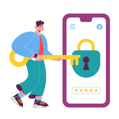 Man holds a key and opens the lock on his cell phone