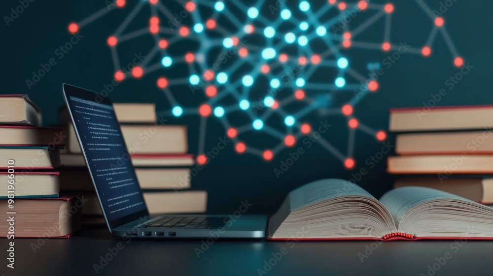 Poster a laptop beside an open book with glowing digital connections in a library setting, symbolizing tech