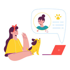 Girl with a dog gets an online consultation with a doctor