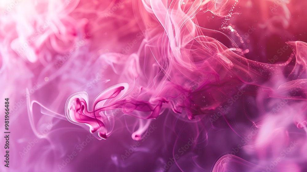 Poster swirling viva magenta smoke, intermingling with soft light beams and splashes, set against an abstra
