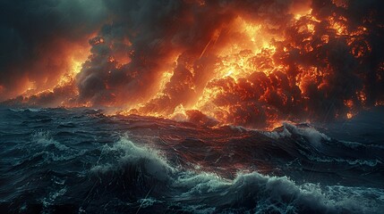 Fototapeta premium Fiery Volcano Eruption Over a Stormy Sea
