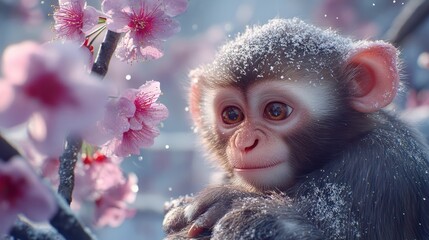 Fototapeta premium AI generates a realistic illustration of a 3d Mongkey In Cherry Blossom and Fine Snow transparent background