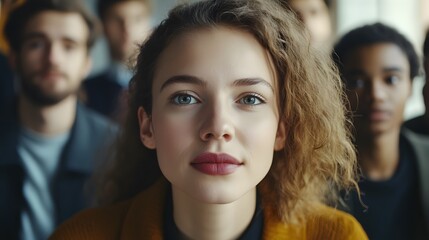 Close-up portrait of a young woman with curly blonde hair looking at the camera