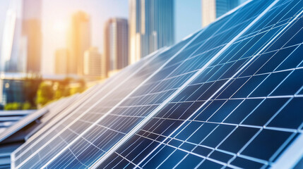 Fototapeta premium Close-Up of Solar Panels on Futuristic Building in Megacity with Vibrant Sunlight