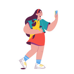 Girl with a dog taking selfies