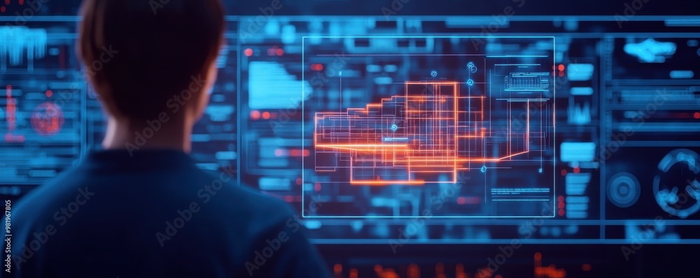Poster a person analyzes data on a futuristic interface, showcasing technology, digital graphics, and infor