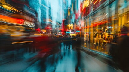 Blurred motion of a busy city street with vibrant shop windows and people passing by, creating a dynamic urban atmosphere.