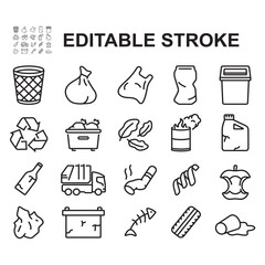 Collection of trash icons. Thin line style vector. Contains icons such as trash can, fruit trash, leaf trash.