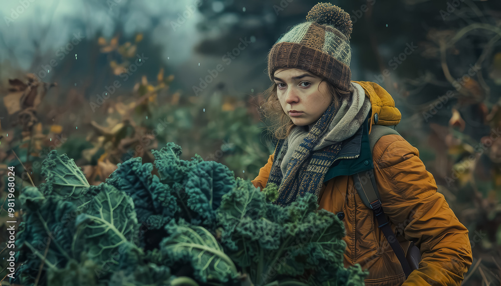 Wall mural a girl is standing in a field of green plants, wearing a yellow jacket and a hat