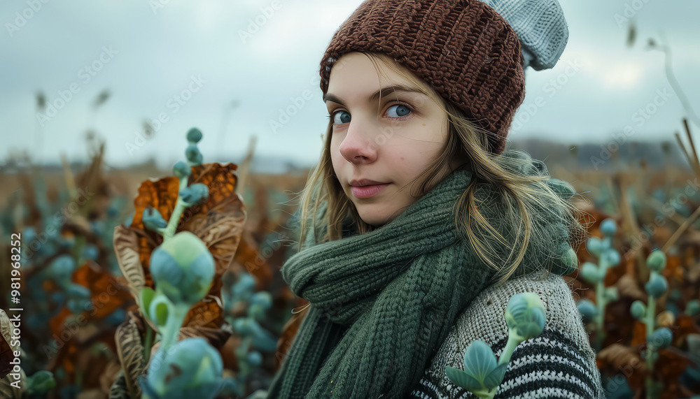 Wall mural a young woman wearing a green scarf and a brown hat stands in a field of flowers