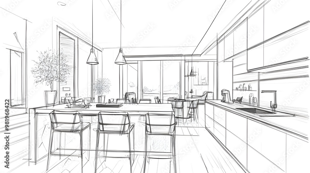 Wall mural An interior sketch outlines the blueprint design of a kitchen, featuring modern furniture and an island.