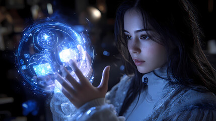 Naklejka premium Woman with a glowing sphere in a dark space