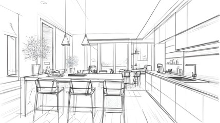 An interior sketch outlines the blueprint design of a kitchen, featuring modern furniture and an island.