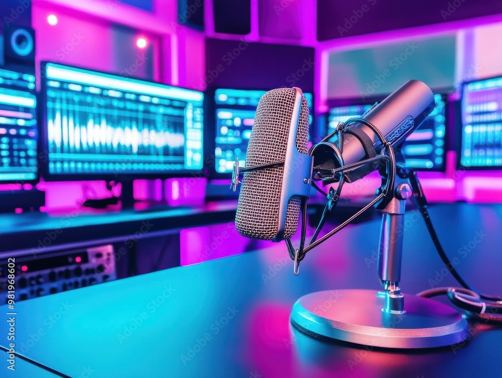 Poster a professional radio studio setup with a microphone and monitors highlighting audio editing in vibra
