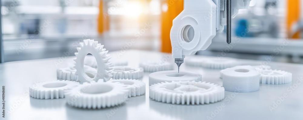 Poster a robotic arm assembling precise white gears in a modern manufacturing environment, showcasing techn