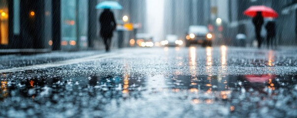 Obraz premium A rainy day in the city with reflections on wet pavement and colorful umbrellas, capturing urban life under gloomy weather.