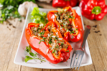 tasty stuffed red bell peppers with minced beef